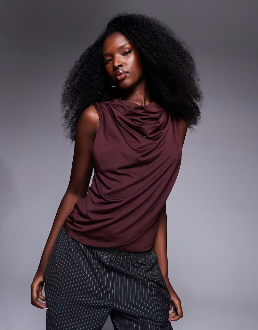 ASOS DESIGN slinky cowl neck tank top with drape wrap front in berry-Purple | ASOS (Global)