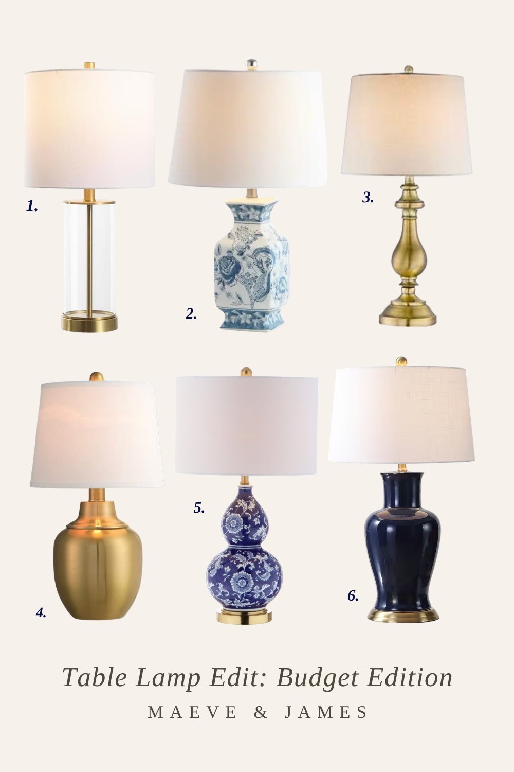 Creating a timeless home doesn’t have to mean spending a fortune. Here are six classic lamps under $100 that bring warmth, character, and traditional style to any room. From brass bases to blue-and-white ceramic designs, these affordable lamps feel right at home in collected interiors inspired by heritage design and classic decorating. Perfect for living rooms, bedrooms, entry tables, or layered lighting moments.

Save this for future inspiration when styling a traditional home.

1. Anders Clear Glass & Brass Gold Metal 23-inch Table Lamp Set of 2; 2. Mayson 24-inch LED Table Lamp; 3. Fairlee 26" Traditional Brass Candlestick Table Lamp; 4. Becca 22" High Urn Brass Finish Table Lamps Set of 2; 5. Traditional Ceramic Chinoiserie Double Gourd Vase Table Lamp; 6. Julian Classic Ceramic Urn 29-in Navy LED Rotary socket Table Lamp


Follow my LTK @Maeve&James on the @shop.LTK app to view this post and shop this look! 

 #liketkit #ClassicHomeDecor #TimelessInteriors #TraditionalHome #MaeveAndJames

#LTKHome