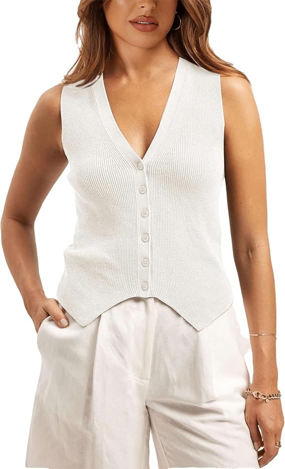 Sweater Vest Women Casual V Neck Button Down Sleeveless Knit Cardigan Vest Tank Tops Streetwear | Amazon (US)