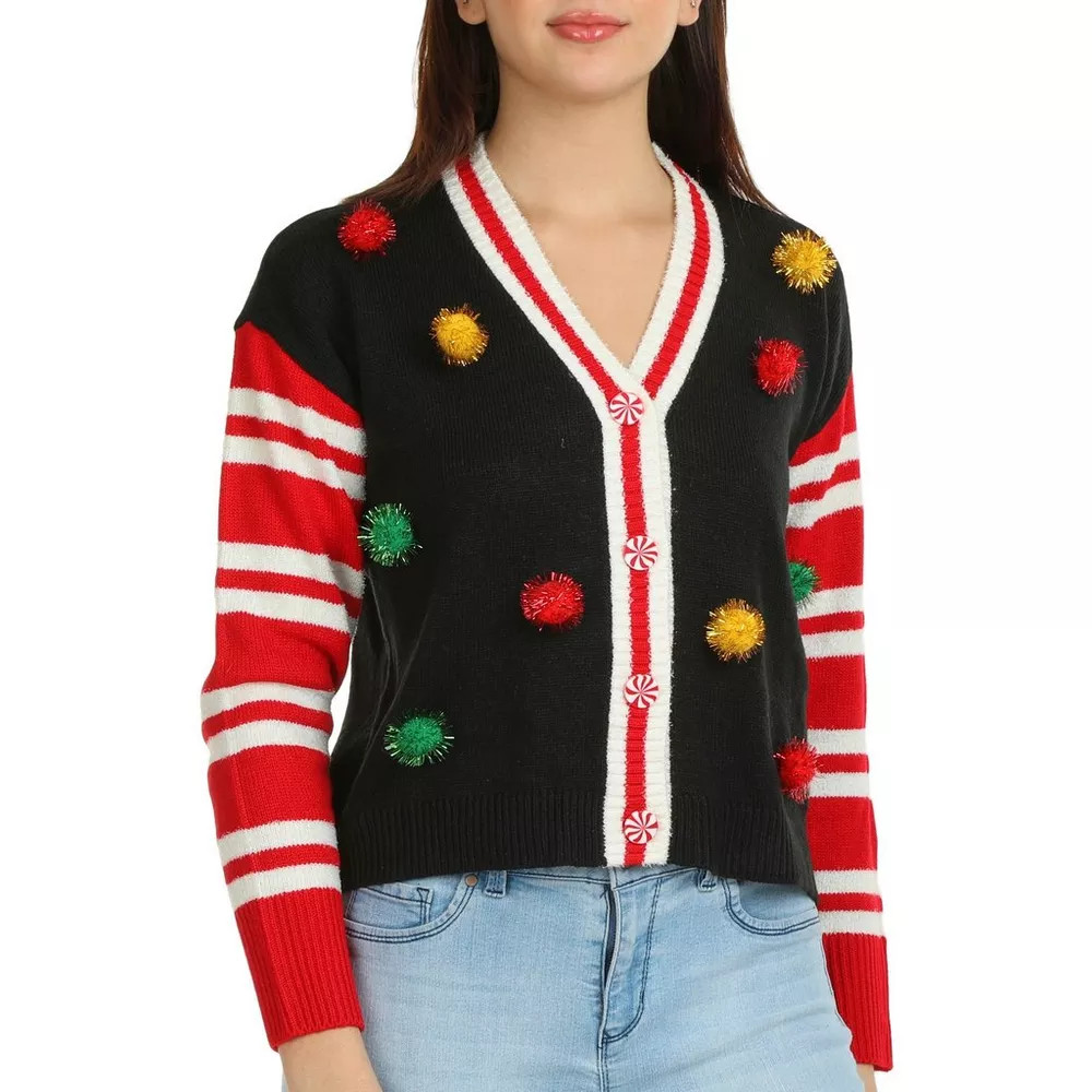 Juniors Christmas Pom Pom Button Down Cardigan | Bealls