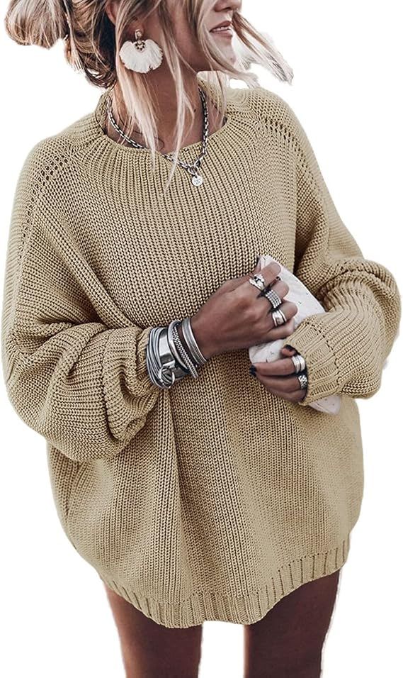 FACDIBY Womens Oversized Sweaters Batwing Sleeve Crew Neck Ribbed Chunky Knit Pullover Sweater | Amazon (US)