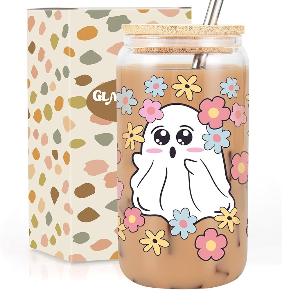 GSPY Halloween Cup, Halloween Gifts, Cute Glass Cup with Lid and Straw, Halloween Tumbler, Ghost ... | Amazon (US)