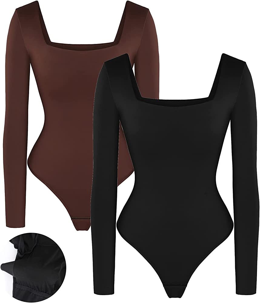 Popilush Square Neck Bodysuit for Women Long Sleeve Thong Shapewear Built In Bra Basic Jumpsuit C... | Amazon (US)