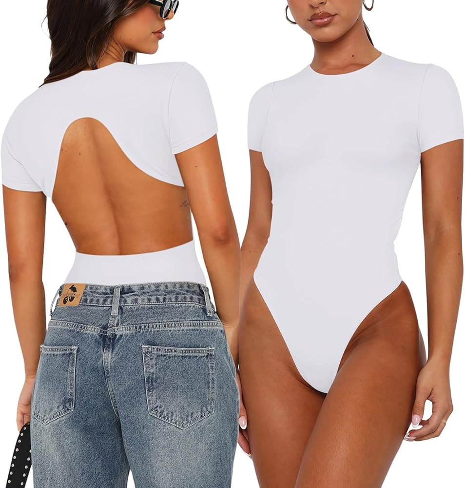 REORIA Womens Sexy Backless Body suit Double Lined Crew Neck Short Sleeve Going Out Bodysuits Top... | Amazon (US)