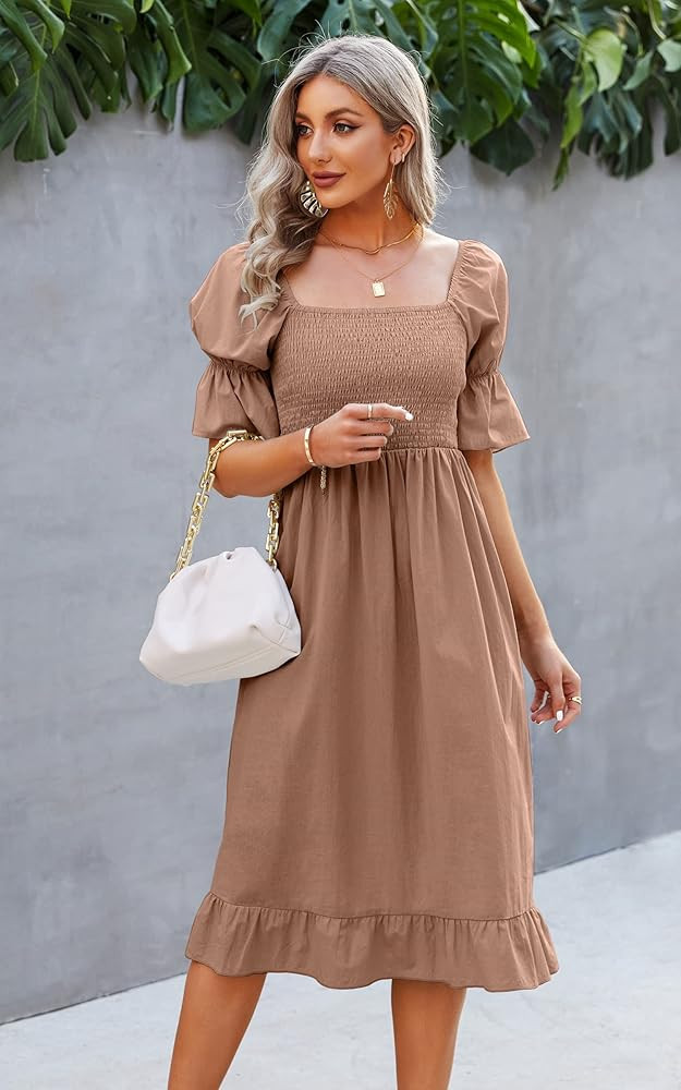 Angashion Women Square Neck Dress Solid Short Puff Sleeve Smocked Waist Knee Length Ruffle Summer Mi | Amazon (US)