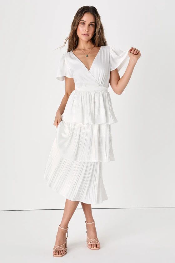 Twirl-wind Romance White Satin Tiered Midi Dress | Lulus (US)