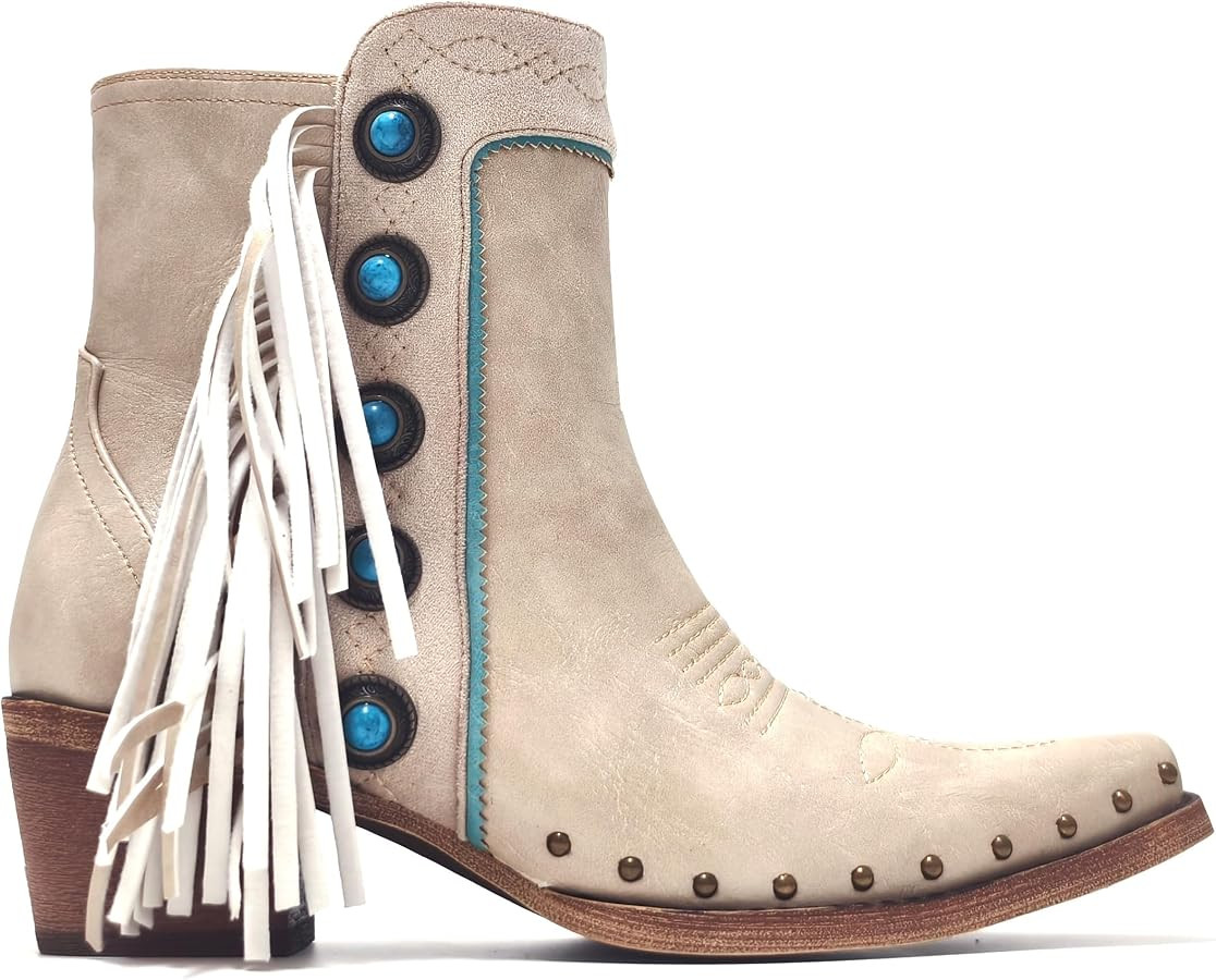 MissHeel Fringe Booties Studded Women Cowboy Ankle Boots with Turquoise Stones | Amazon (US)
