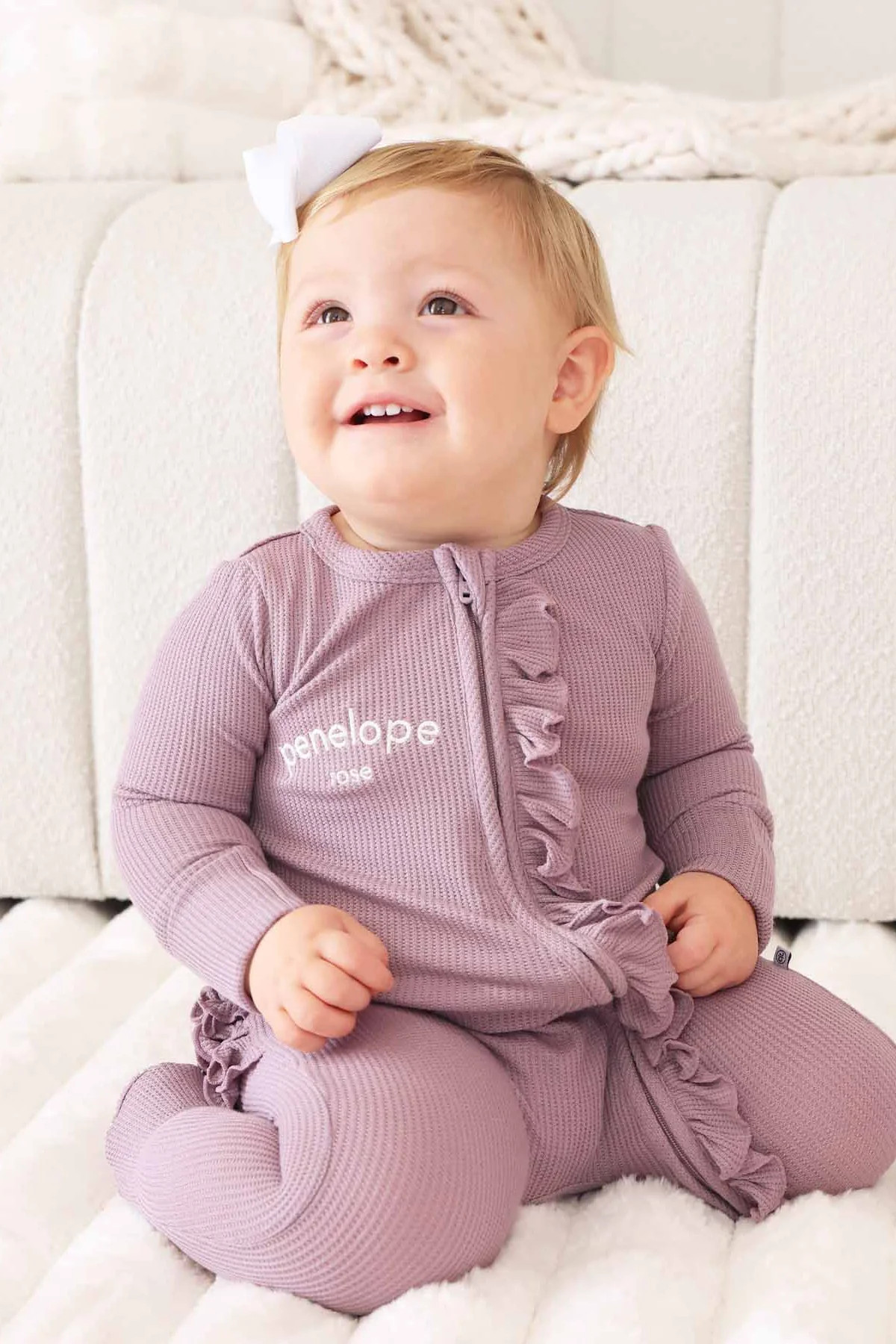 Embroidered Bamboo Waffle Zipper Ruffle Footie | Amethyst | Caden Lane