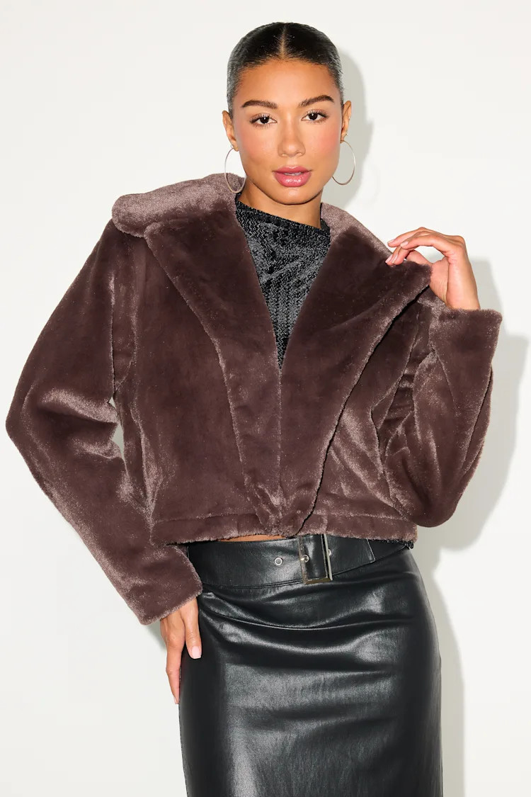 Cuddly Sensation Brown Faux Fur Cropped Jacket | Lulus