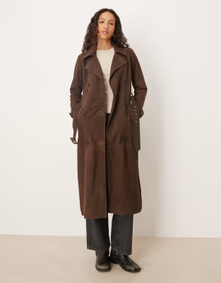 Barneys Originals Real suede chocolate trench coat in chocolate | ASOS (Global)