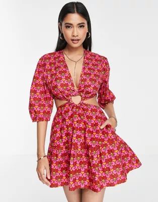 Never Fully Dressed heart cut-out mini dress in red peace flower print | ASOS (Global)