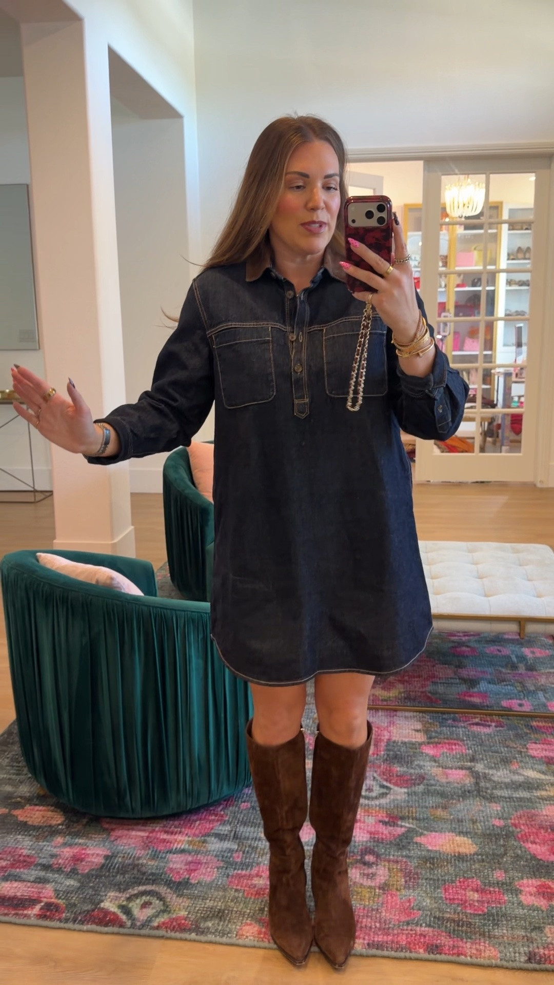 curvy midsize fall outfit! wearing size medium in dark wash denim shift dress. belted the look to be more fitted. dress is 40% off!

#LTKSeasonal #LTKMidsize #LTKSaleAlert