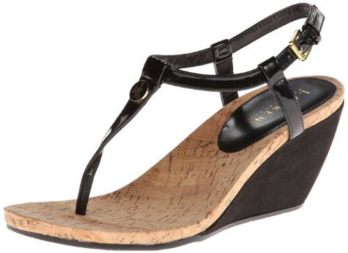Lauren Ralph Lauren Women's Reeta Wedge Sandal, Black Patent Suede Polyurethane, 6.5 B US | Amazon (US)