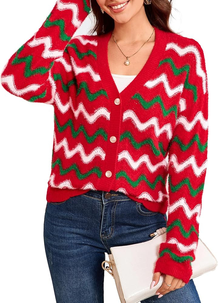 Simplee Womens Christmas Cardigan Casual Funny Reindeer Button Knit Open Front Cute Sweater for H... | Amazon (US)
