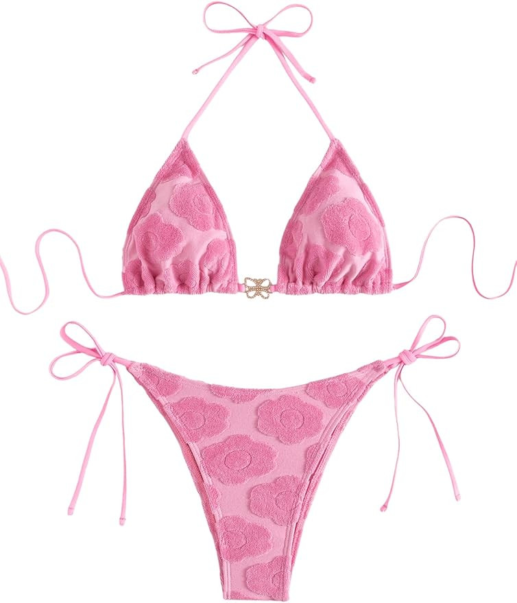 SweatyRocks Women's 2 Piece Triangle Bathing Suit Halter Top ​Tie Side Thong Bikini Swimsuits | Amazon (US)