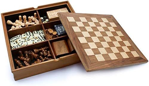 Wooden 7-in-1 Chess, Checkers, Backgammon, Dominoes, Cribbage Board, Playing Card and Poker Dice Gam | Amazon (US)