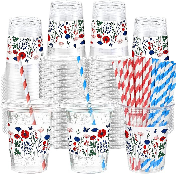 Sliner 50 Sets 4th of July Plastic Disposable Cups 16 oz Clear Red Blue White Wildflowers Drinkin... | Amazon (US)
