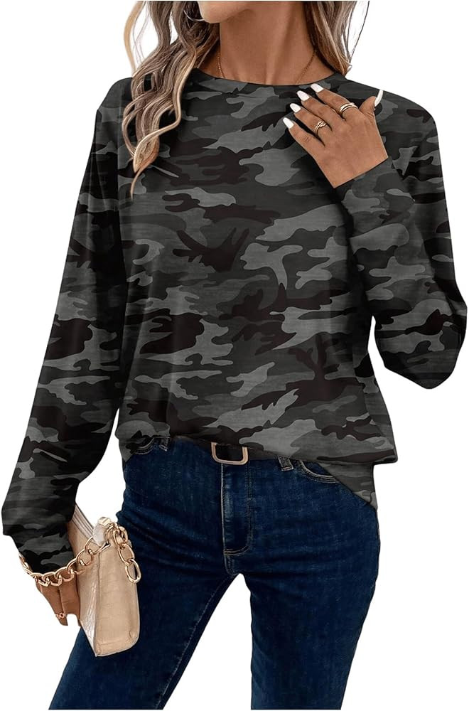 Women's Camo T Shirt Crew Neck Long Sleeve Tee Tops Causal Fall Clothes | Amazon (US)