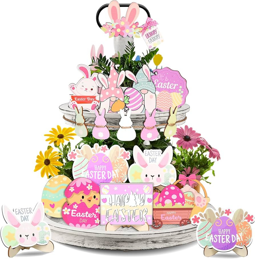 21 PCS Easter Tiered Tray Decorations Set, Tiered Tray Decor 3D Easter Wood Signs Wooden Decorati... | Amazon (US)