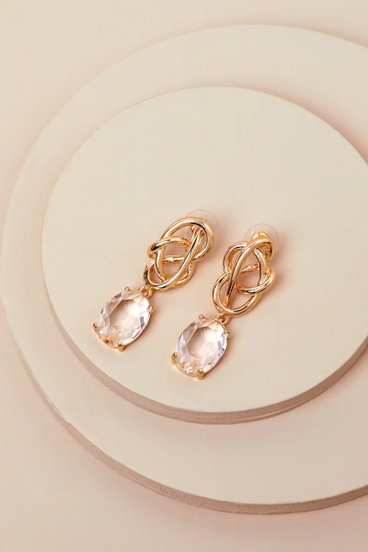 Upscale Delight Gold Twisted Chunky Rhinestone Charm Earrings | Lulus