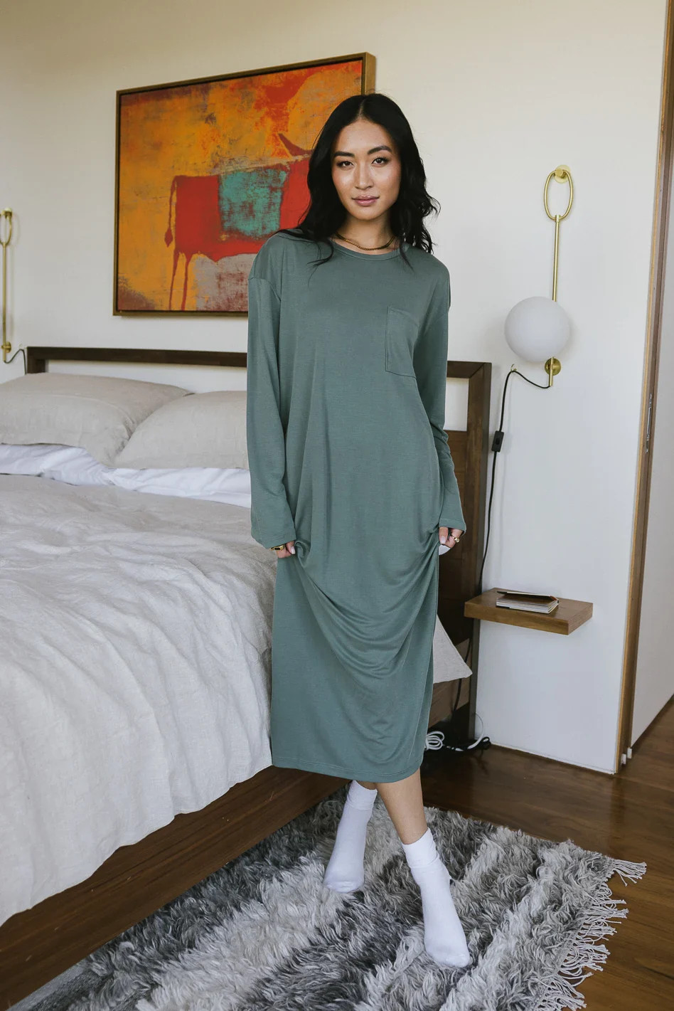 Long Sleeve T-Shirt Dress in Sage | Böhme US