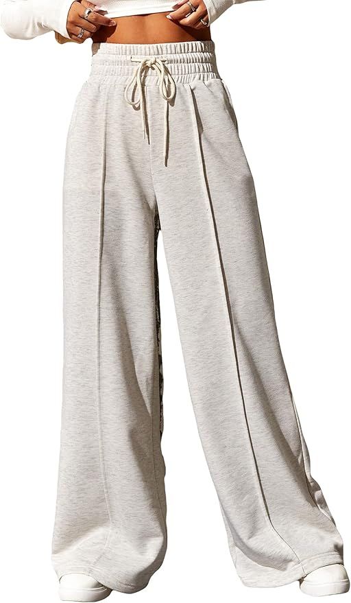SOLY HUX Women's Drawstring High Waisted Wide Leg Long Pants Casual Sweatpants Light Grey M | Amazon (US)