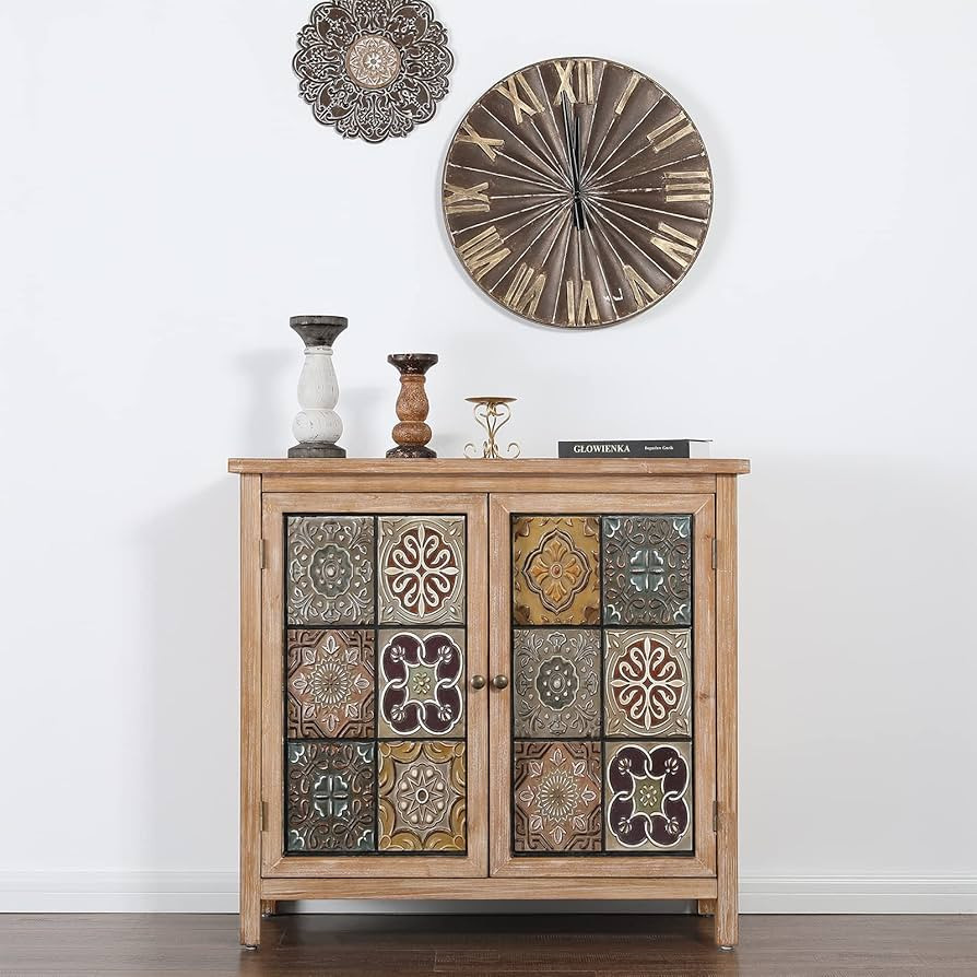 Sophia & William Accent Cabinet with 2 Doors, Distressed Storage Cabinet with Wood Frame and Chec... | Amazon (US)