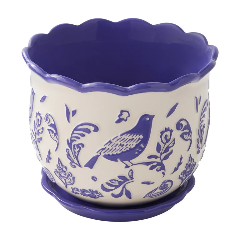 The Pioneer Woman Mazie Bird 8" Round Ceramic Planter, Cobalt | Walmart (US)