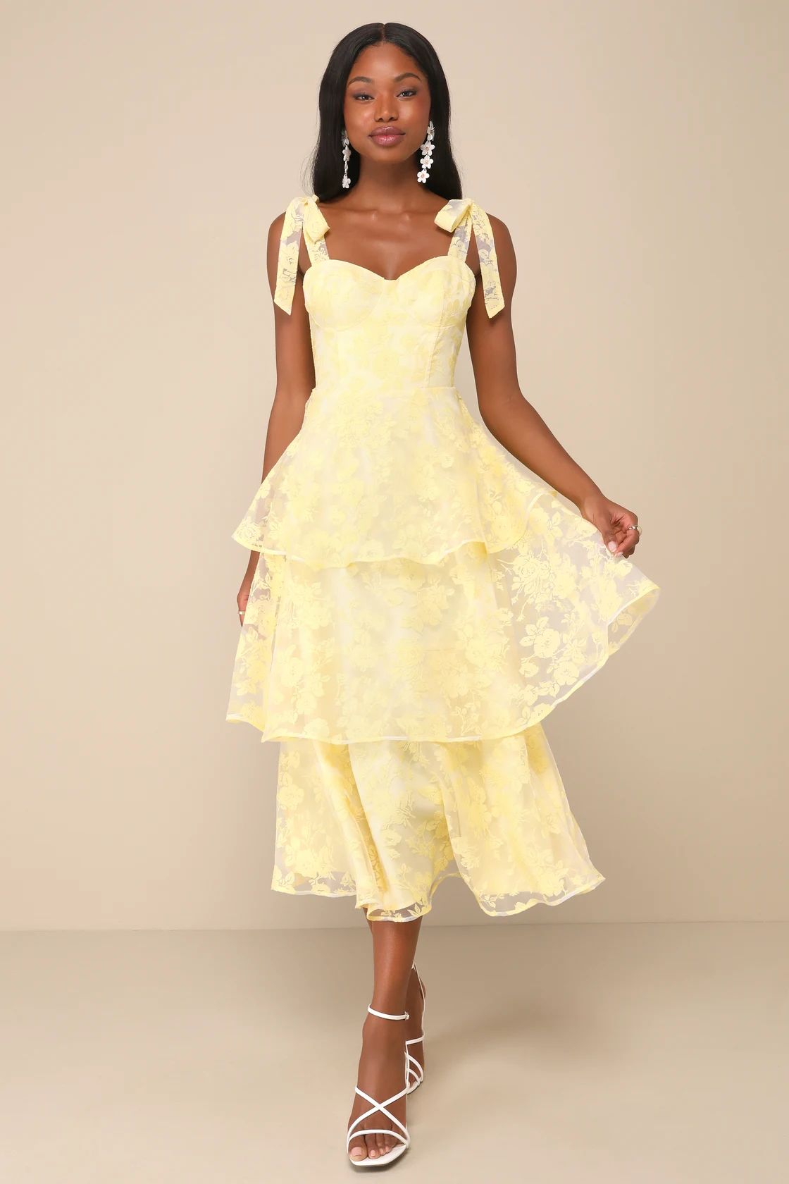 Glamorous Sweetie Yellow Burnout Tie-Strap Bustier Midi Dress | Lulus