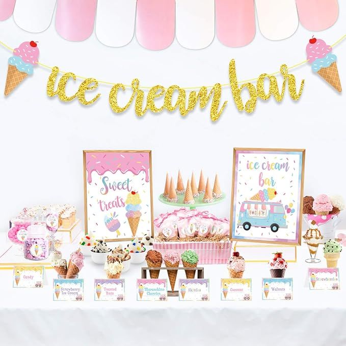 Ice Cream Bar Decorations Kit,Gold Glitter Ice Cream Bar Banner,Ice Cream Bar Sign Toppings Label... | Amazon (US)