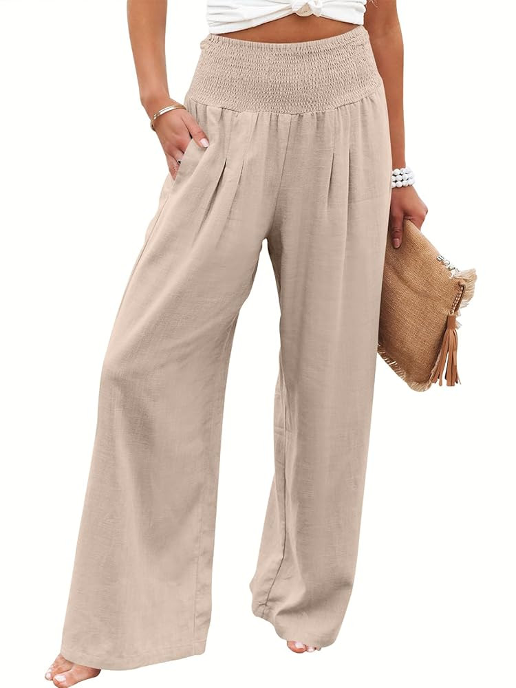 ANRABESS Women Linen Palazzo Pants Summer Boho Wide Leg High Waist Casual Lounge Pant 2025 Beach ... | Amazon (US)