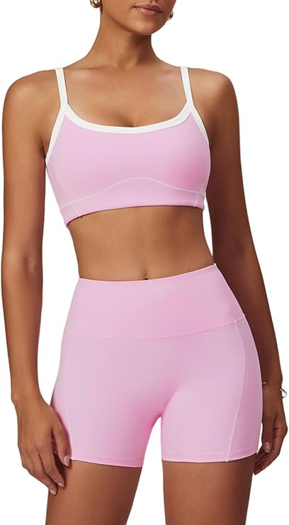 QBGJTD Two Piece Women Workout Sets Color Block Sports Bra and Scrunch Butt Lifting Shorts Gym Yo... | Amazon (US)