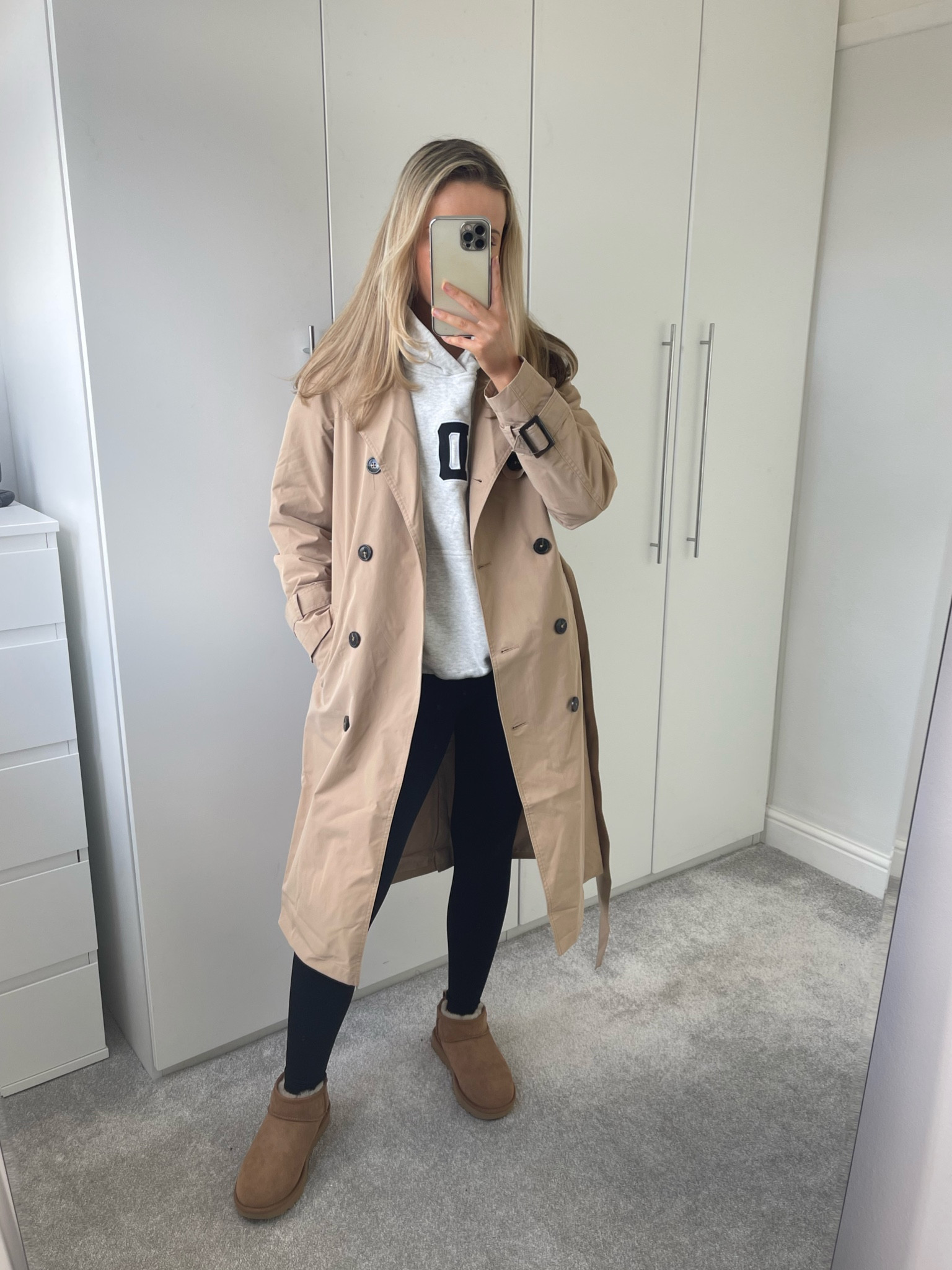 New Look camel trench coat - size 6
Adanola grey hoodie - size XS
Another version leggings - XS
Ultra mini uggs in chestnut

Stayed true to size

Classic style classic outfit classic styling black leggings oversized hoodie weekend outfit casual outfit transitional outfit transitional style outfit of the day easy fashion simple outfit 

#LTKeurope #LTKSeasonal #LTKunder100