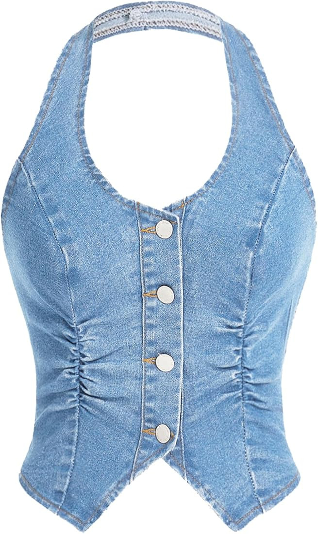 OYOANGLE Women's Vintage Denim Crop Tank Button Front Sleeveless Halter Jean Vest | Amazon (US)
