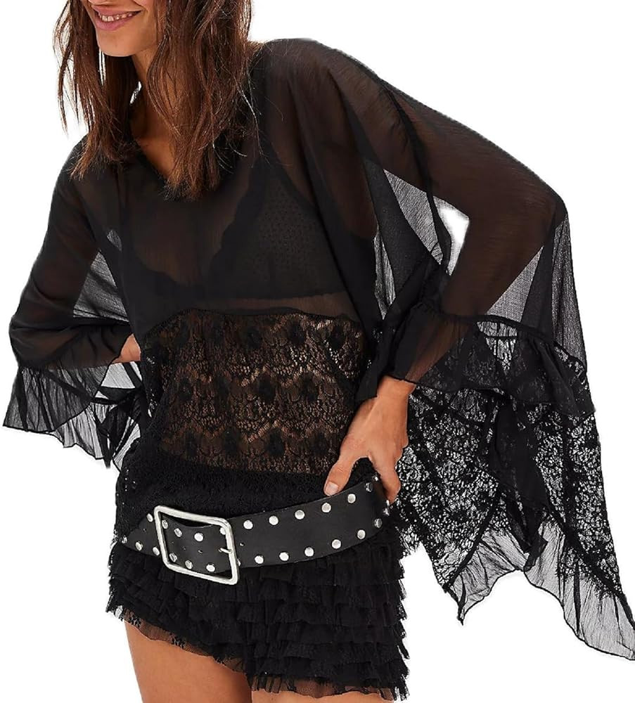 Womens Lace Poncho Top Y2k Batwing Sleeve Sheer Top Sexy See Through Chiffon Blouse Loose Ruffle ... | Amazon (US)
