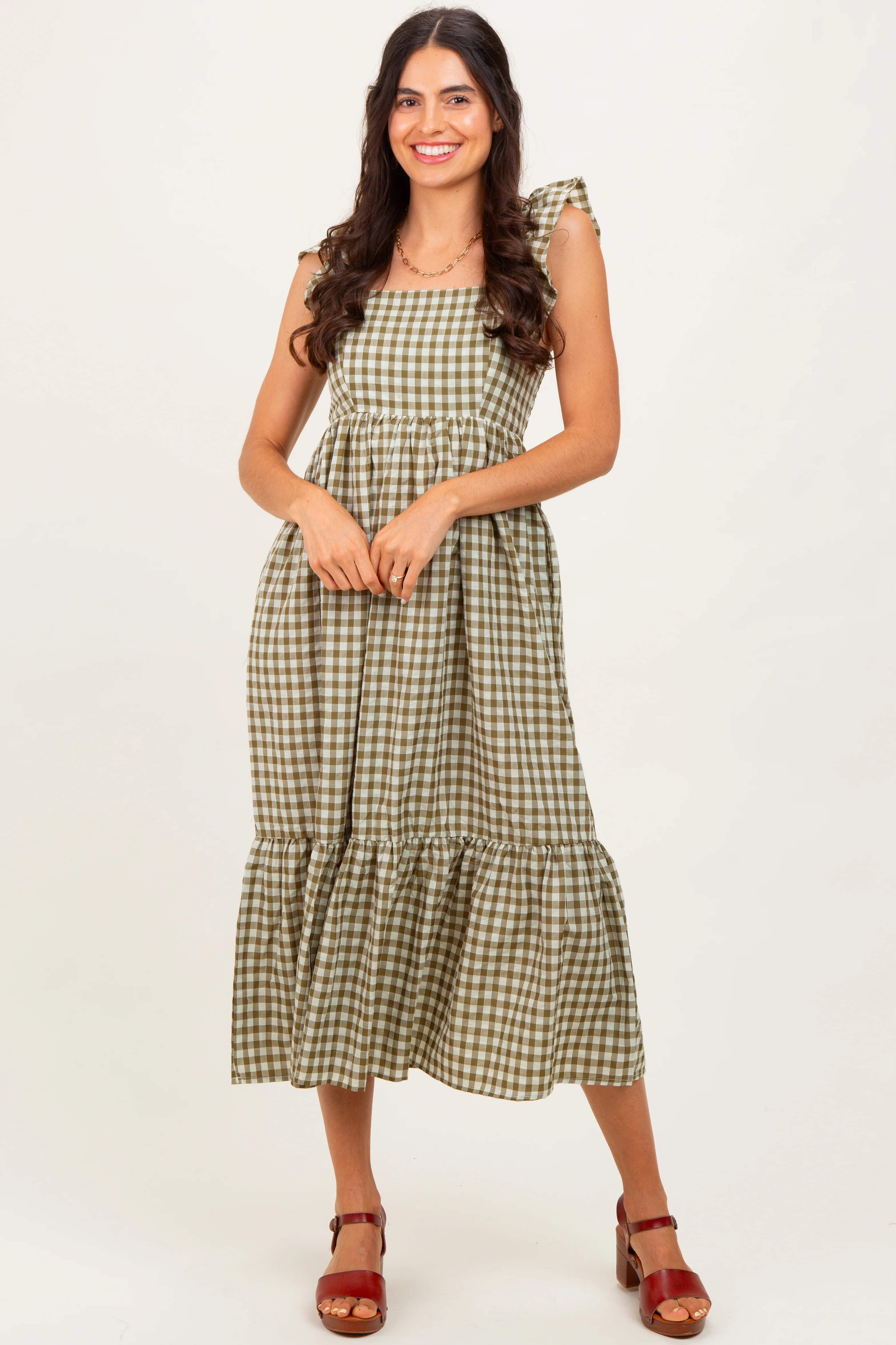 Olive Gingham Ruffle Strap Midi Dress | PinkBlush Maternity
