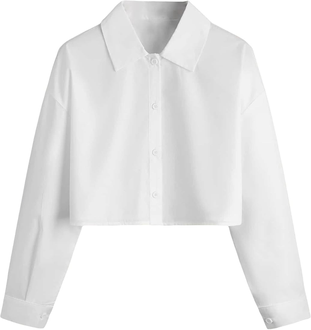 Verdusa Women's Button Down Long Sleeve Collar Shirt Blouse Crop Top | Amazon (US)