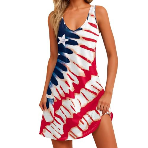 Fourth of July Outfit Women,2024 Cute Star Striped Tie Dye American Flag Print Patriotic Dress - Summer Trendy V Neck Sleeveless Mini Tank Sundresses(06Watermelon Red,XXL), XX-Large | Amazon (US)