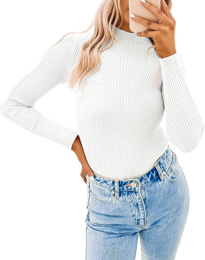 Flowyair Women's Long Sleeve Mock Neck Knitted Sweaters Slim Fit Lightweight Fashion Fall Pullove... | Amazon (US)