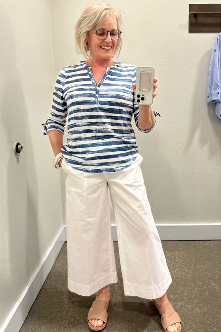 Chico’s striped Henley and poplin culottes, both are true to size.

#LTKStyleTip #LTKOver40 #LTKSeasonal