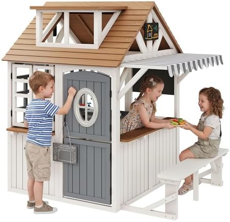 Albott Outdoor Wooden Playhouse with Kitchen Playset, Backyard Cottage Playhouse for Kids with Be... | Amazon (US)