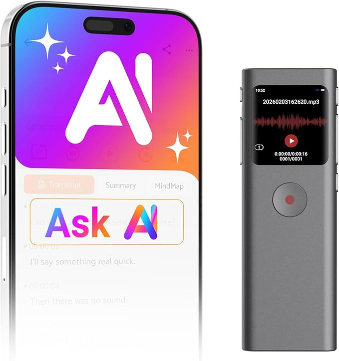 AI Digital Voice Recorder with Transcribe & Summarize, AI Note Taker for Meeting & Lectures, Voic... | Amazon (US)
