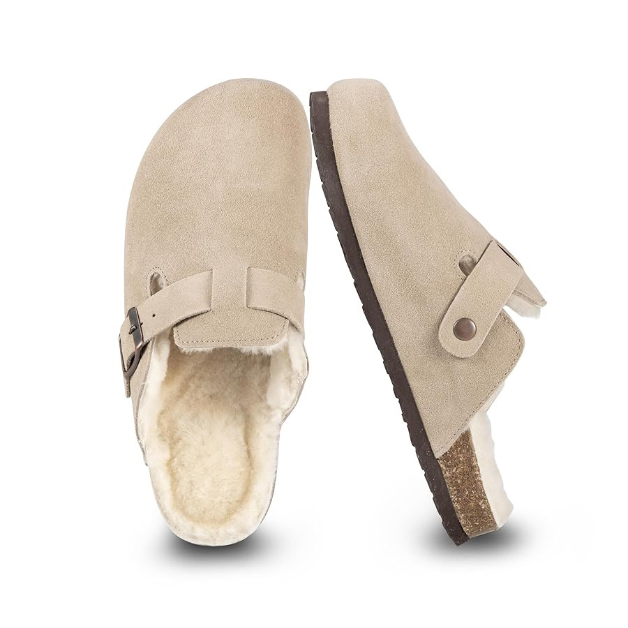 Women's Suede Clogs Slip-On Buckle Slides Leather Mules Cork Footbed Sandals Potato Shoes with Ar... | Amazon (US)