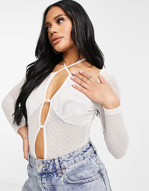 ASOS DESIGN Hourglass textured mesh cold shoulder bodysuit in white | ASOS (Global)