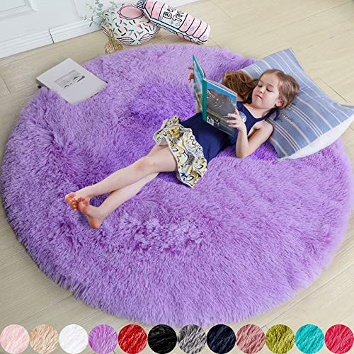 Purple Round Rug for Bedroom,Fluffy Circle Rug 4'X4' for Kids Room,Furry Carpet for Teen's Room,S... | Amazon (US)