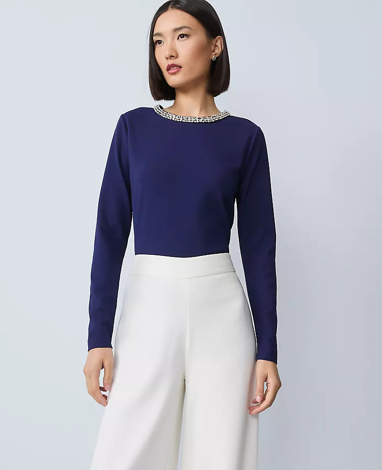 Petite Ponte Embellished Crew Neck Top | Ann Taylor