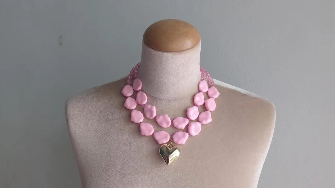 Neon pink necklace, pink necklace, pink statement necklace, tassel necklace, gold heart statement... | Etsy (US)