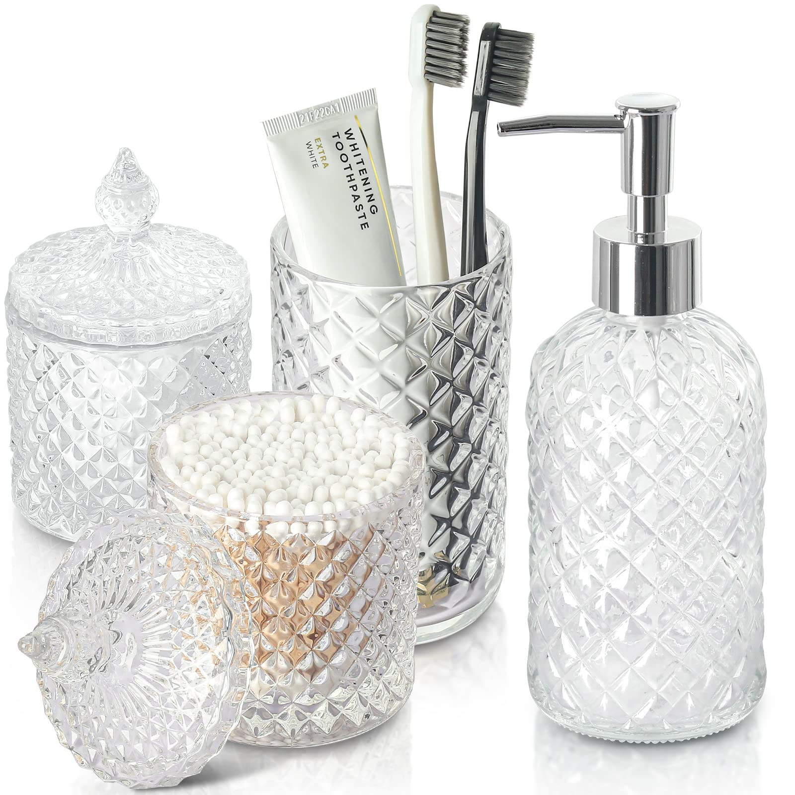 Bathroom Accessories Set, 4 Pack Clear Glass Bath Accessory Sets Complete, Diamond Soap Dispenser... | Amazon (US)