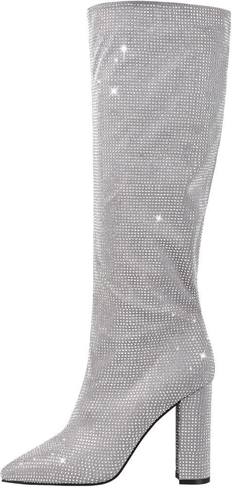 onlymaker Knee High Boots Chunky Heels Slip-on Point Toe Glitter Booty | Amazon (US)