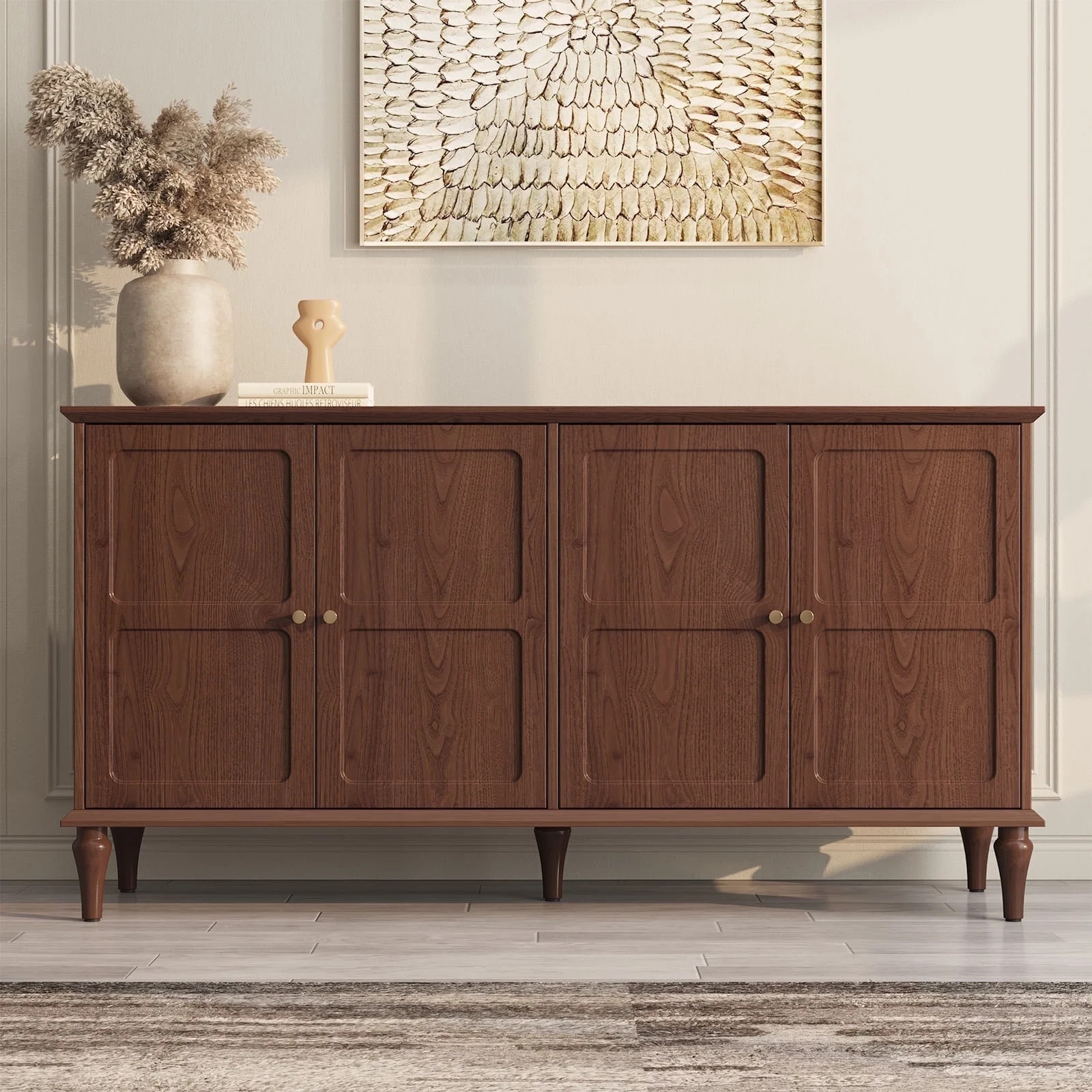 CBJCBJ Mid Century 58'' Wood 4 Door Sideboard Buffet Cabinet for Living Dining & Bedroom (Black) | Walmart (US)
